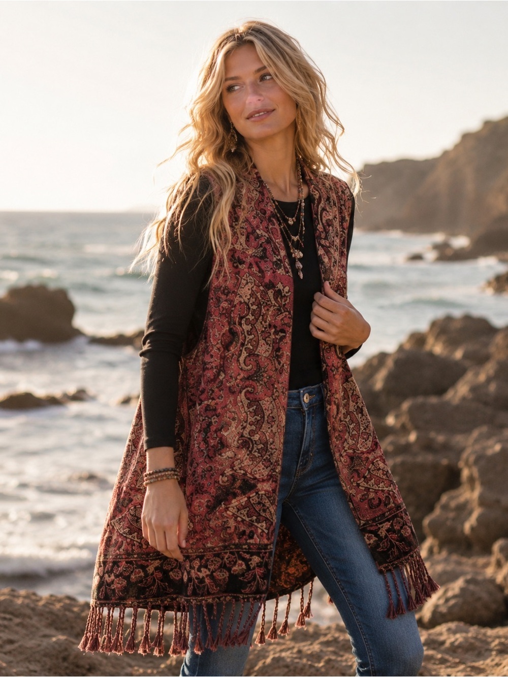 Raj Floral Fringe Vest in Rust and Black V-1